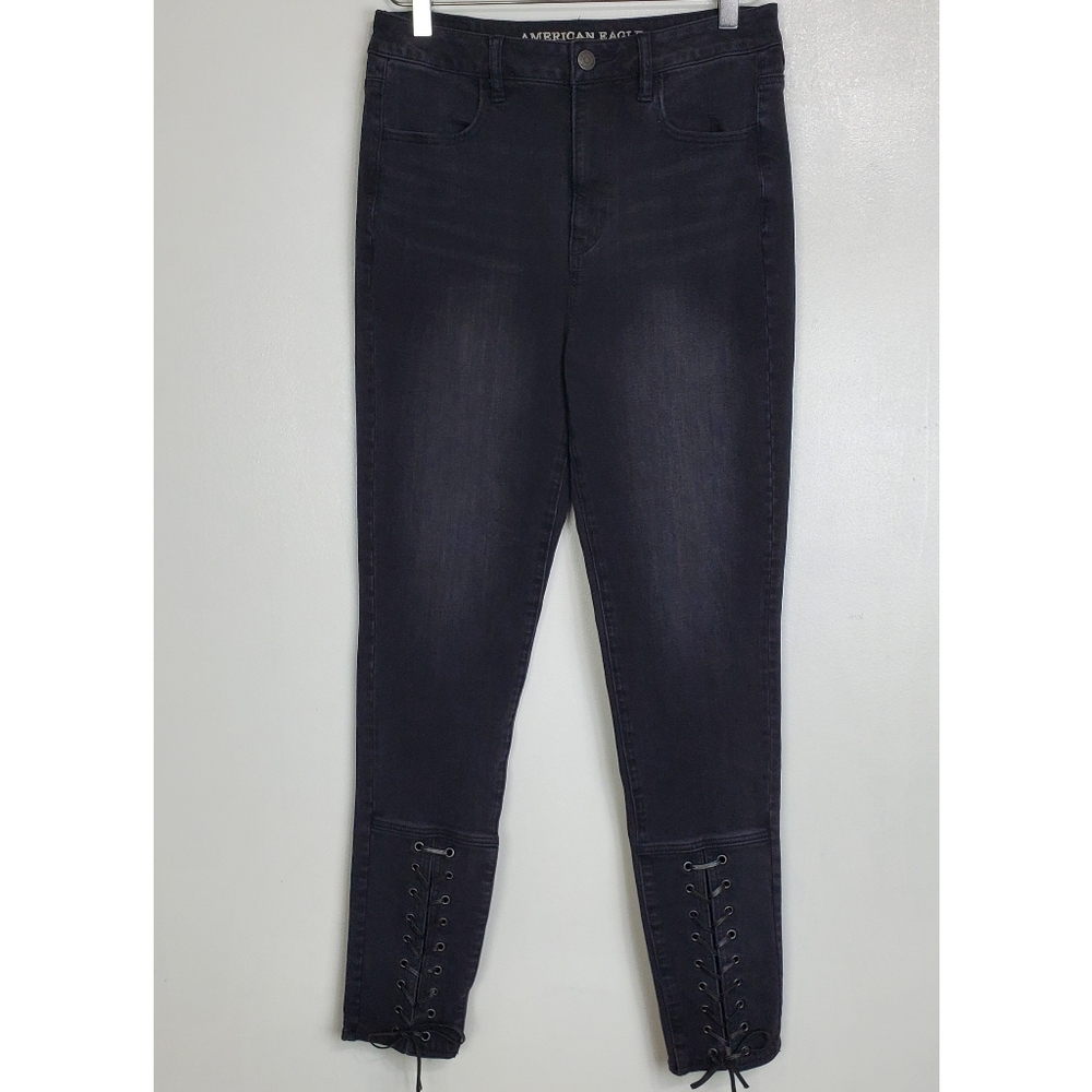American Eagle size 8 long highest rise jeggings lace up black super stretch